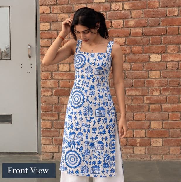 Blue & White Printed Sleeveless Squared Neck Long Kurti - buy online at Shop With Kannu