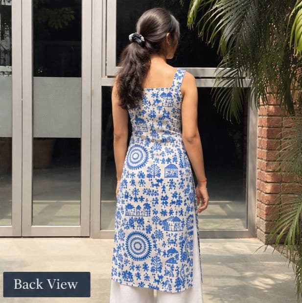 Blue & White Printed Sleeveless Squared Neck Long Kurti - alternate view