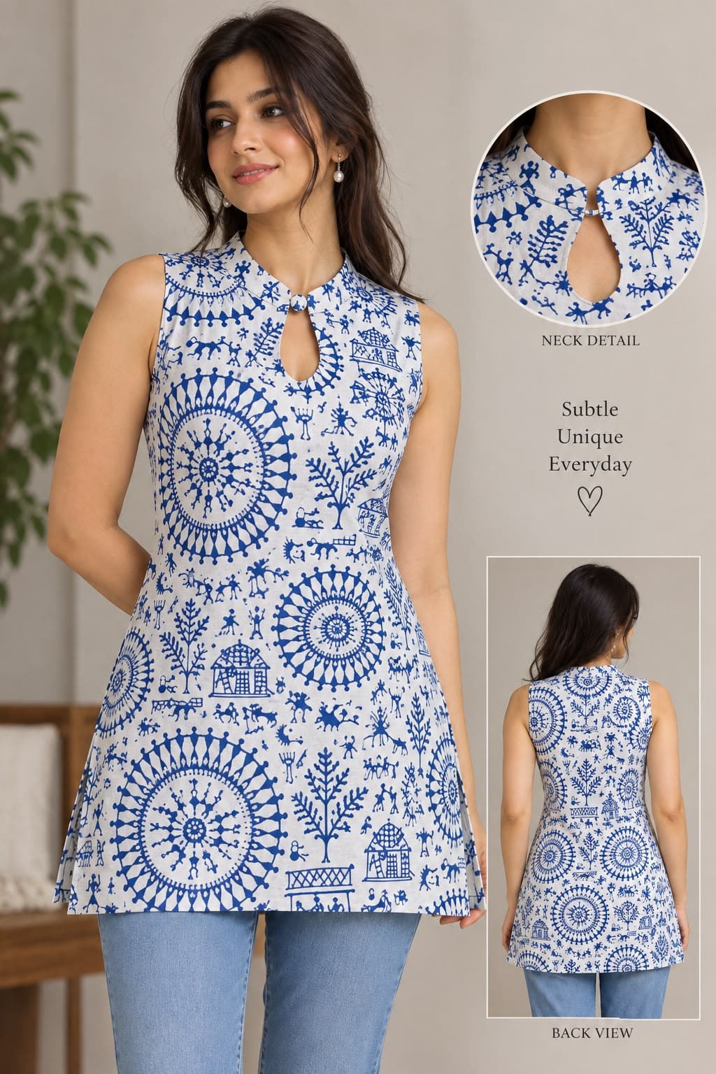 Blue Heritage Printed Keyhole Kurti - buy online at Shop With Kannu
