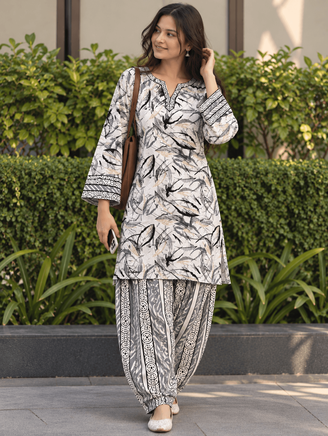 Monochrome Leaf Print Salwar Suit - buy online at Shop With Kannu