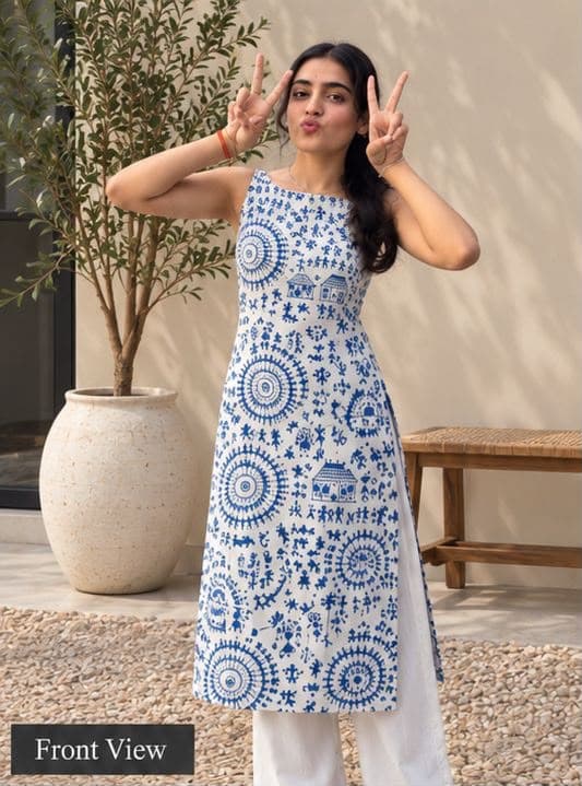 Blue & White Printed Sleeveless Boat Neck Long Kurti - buy online at Shop With Kannu