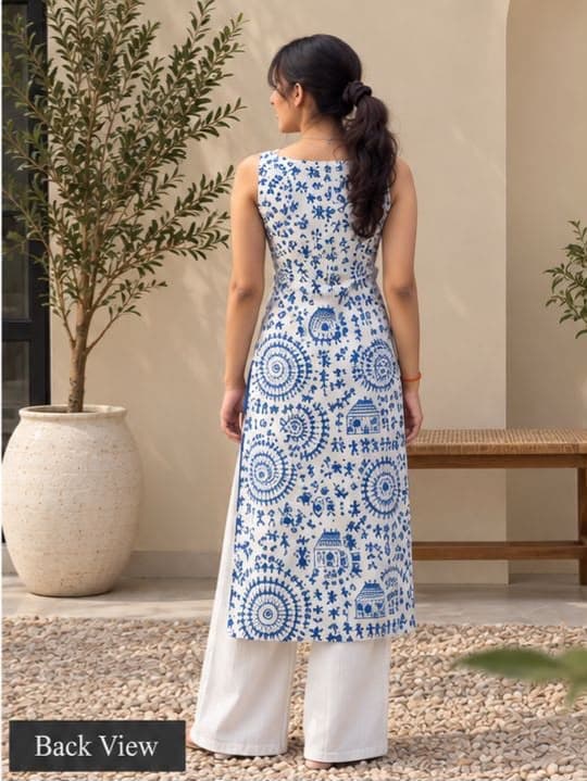 Blue & White Printed Sleeveless Boat Neck Long Kurti - alternate view