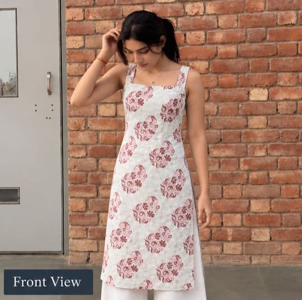White & Pink Floral Side-Slit Long Kurti - buy online at Shop With Kannu