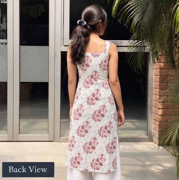 White & Pink Floral Side-Slit Long Kurti - alternate view