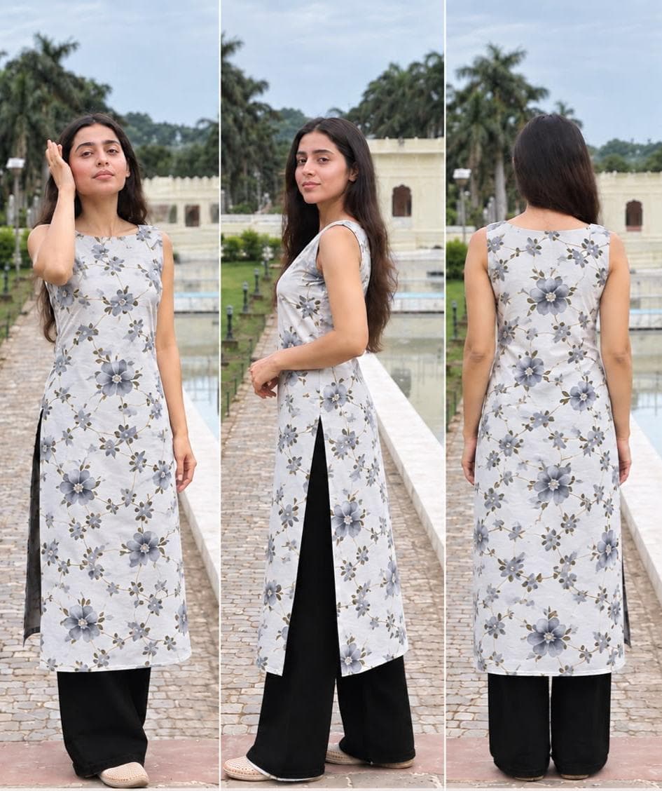 Grey Floral Straight-Cut Side-Slit Kurti - buy online at Shop With Kannu