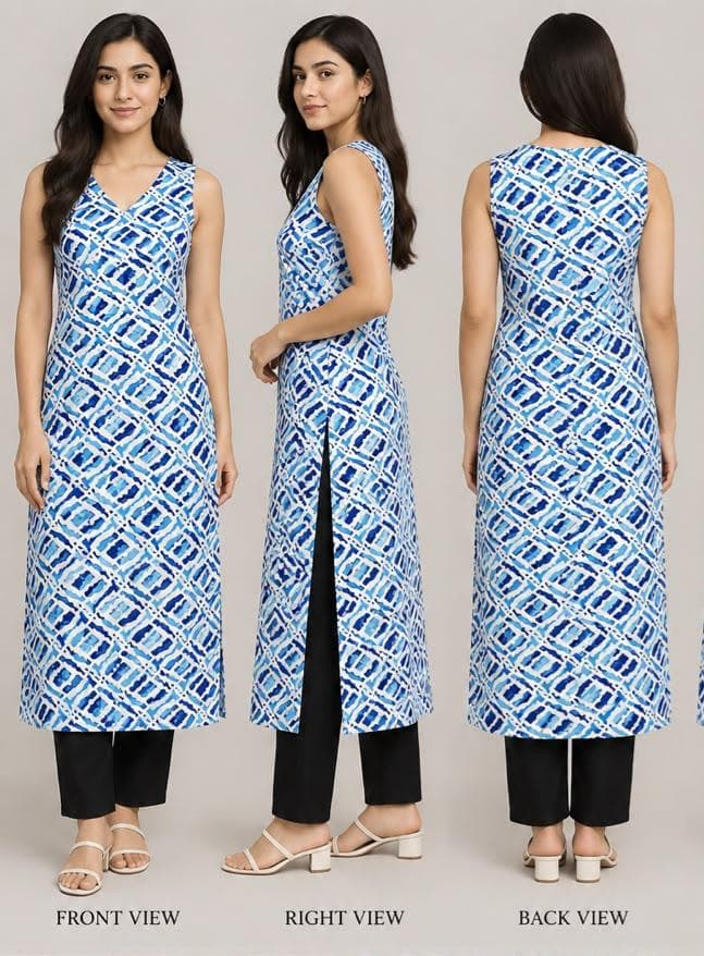 Blue & White Geometric Printed Sleeveless Kurti - buy online at Shop With Kannu