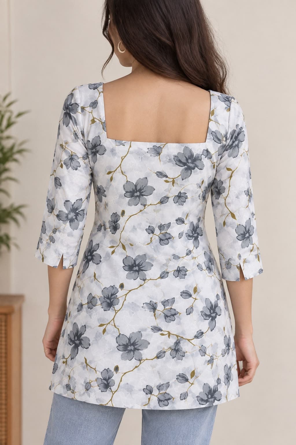 Grey Blossom Square Neck Kurti - buy online at Shop With Kannu