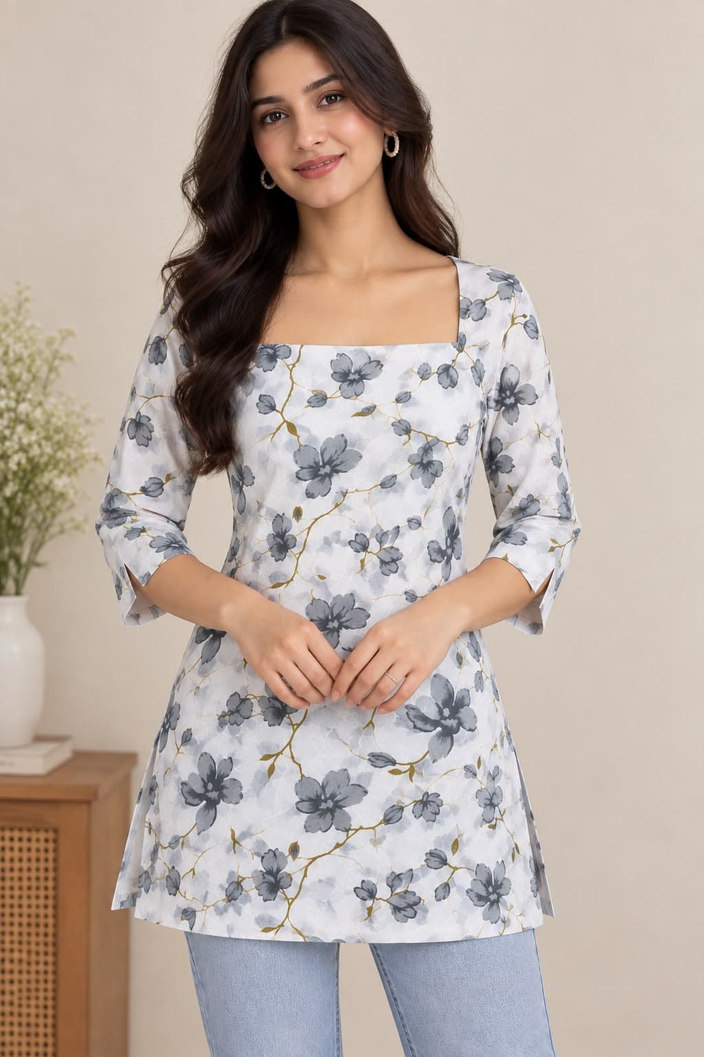 Grey Blossom Square Neck Kurti - alternate view