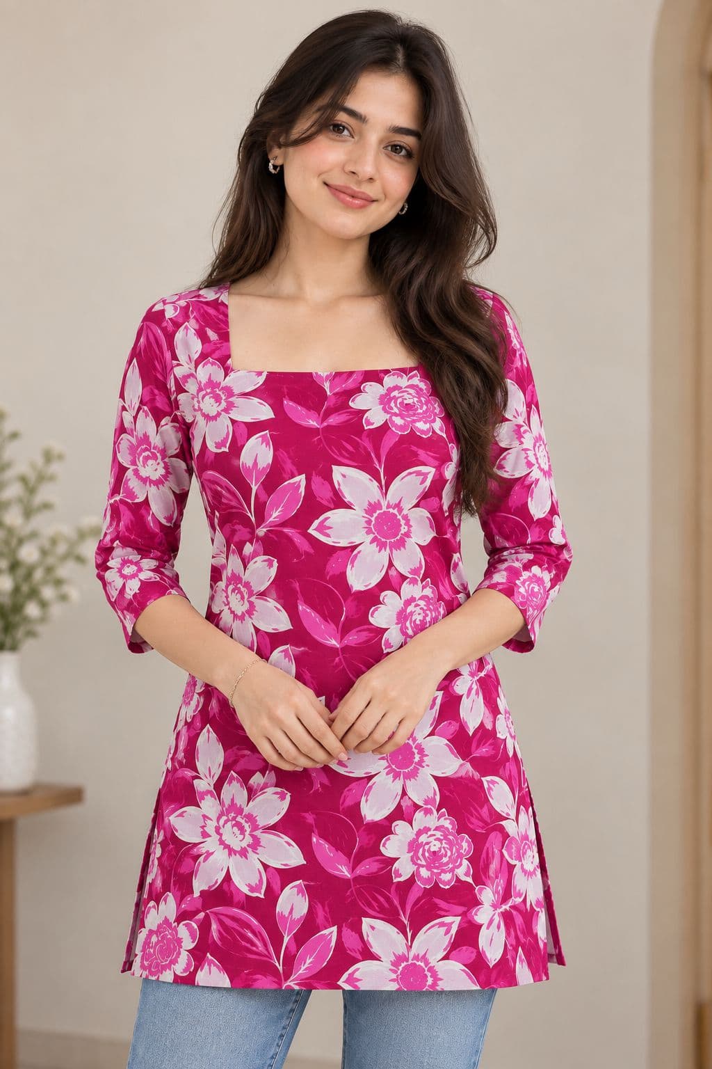 Magenta Floral Bloom Short Kurti - buy online at Shop With Kannu